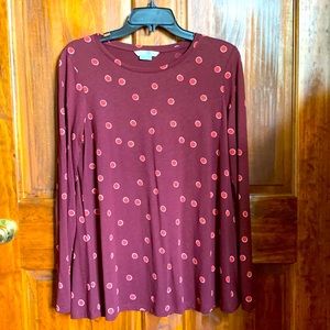 NWOT Boden Sabrina Swing Top Large Polka Dot pattern/rust on maroon  UK12/USA8